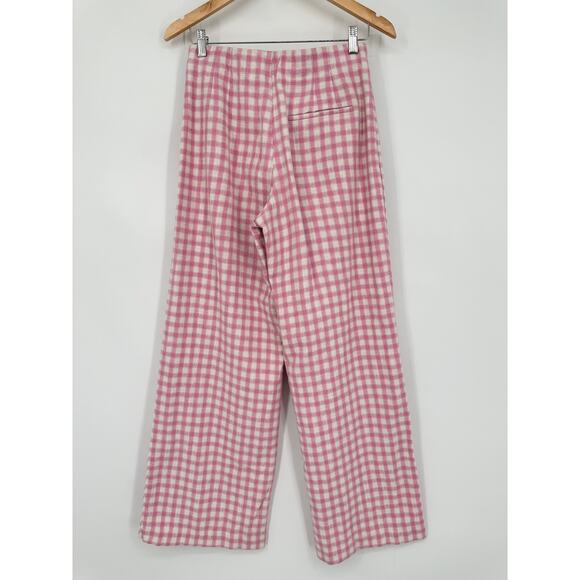 ZARA Full Length Gingham Plaid Wide Leg Pants High Rise Trouser Pink/ White - Picture 8 of 12